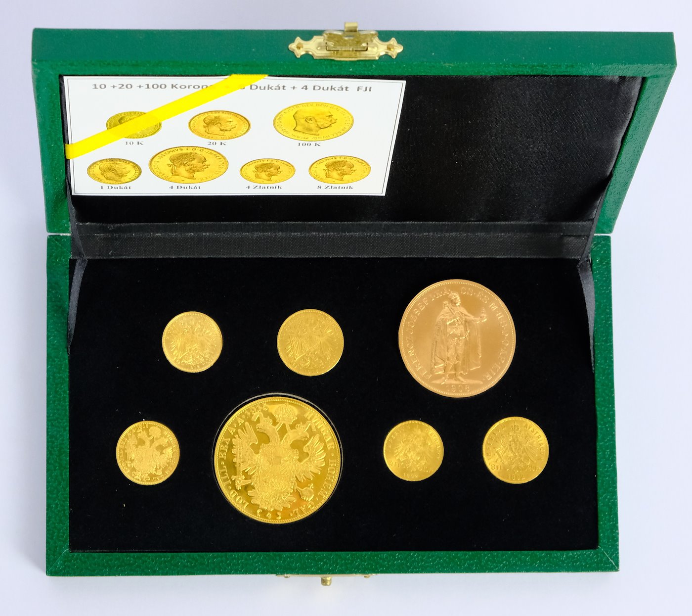 .. - SADA v etue pokračujících ražeb zlatých mincí Vídeňské a Budapešťské mincovny 10,20,100 koruna, 1 a 4 dukát, 4 a 8 zlatník 