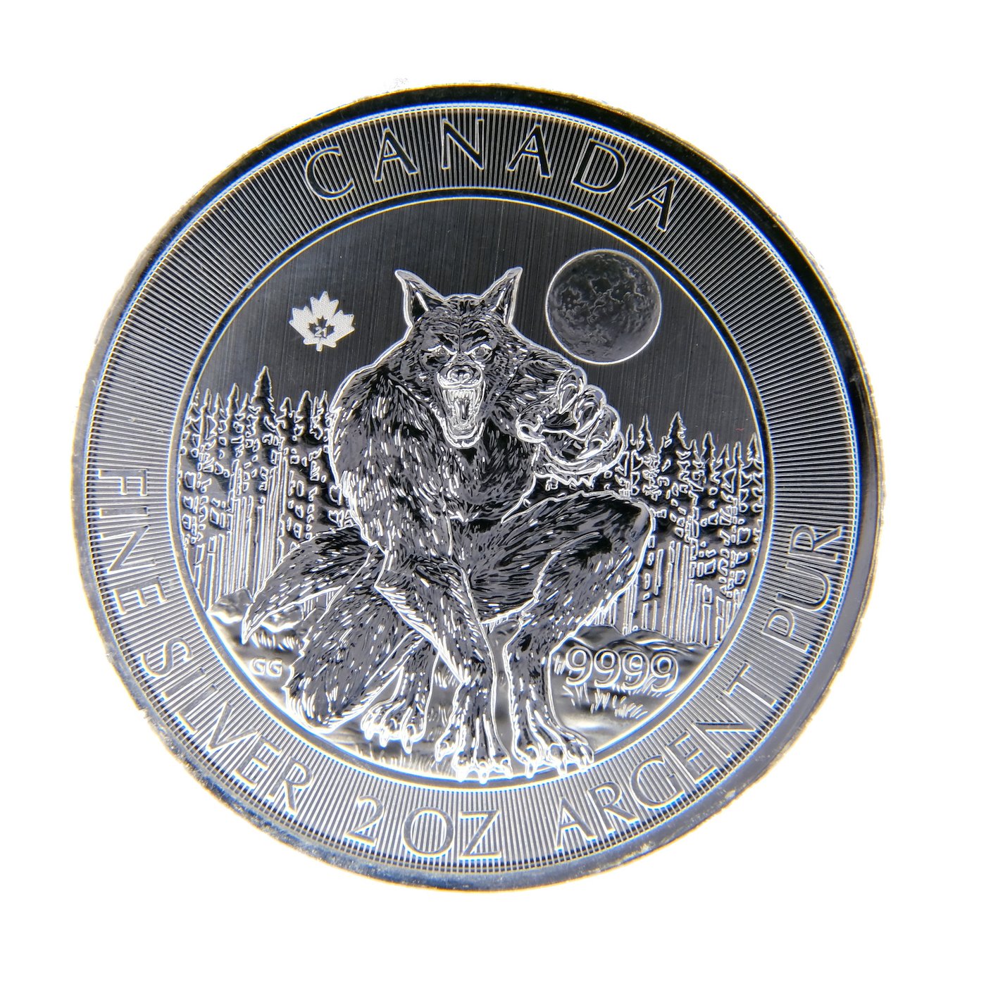 .. - Stříbro 2 unce Kanada Vlkodlak 2021, stříbro 999/1000, hrubá hmotnost 62,2g.