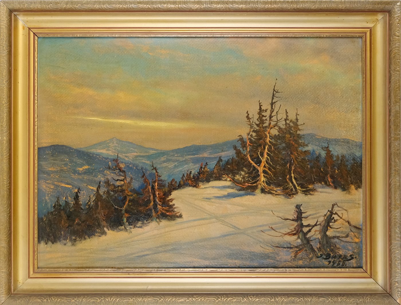 Josef Bureš - Zima na Zlatém návrší, pohled na Sněžku