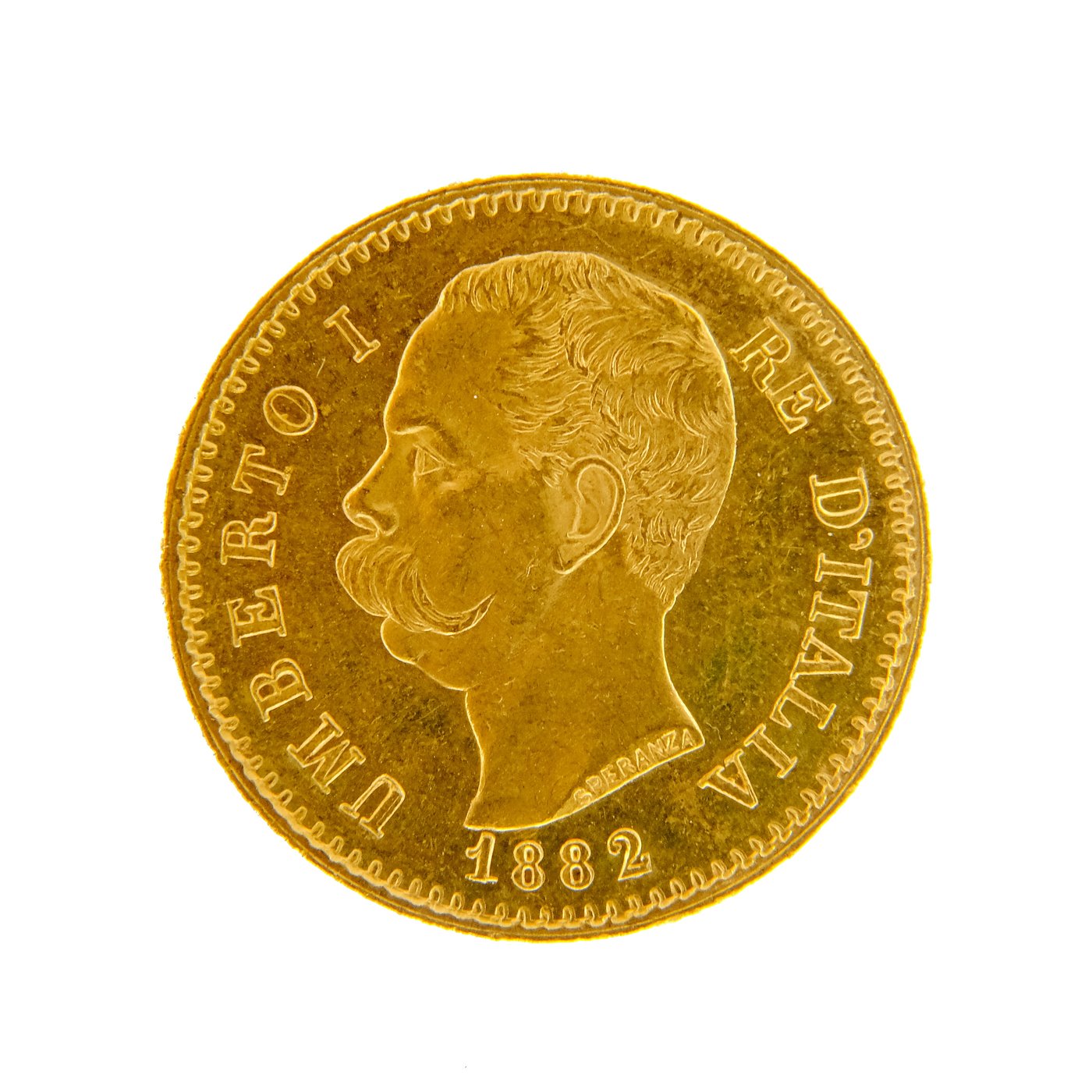 .. -  Itálie Zlatá 20 Lira 1882 R král Umberto I., zlato 900/1000, hmotnost hrubá 6,45g