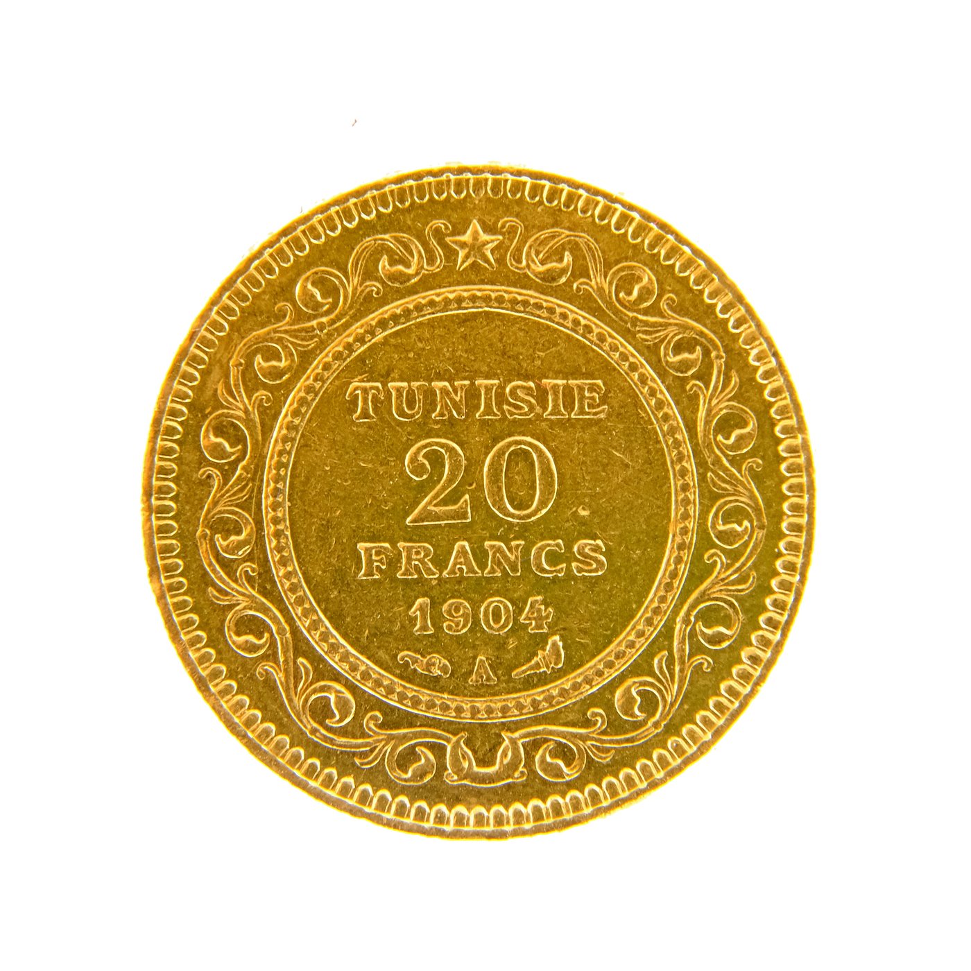 .. - Tunisko zlatý 20 frank 1904 Mohamed IV., zlato 900/1000, hrubá hmotnost 6,45g