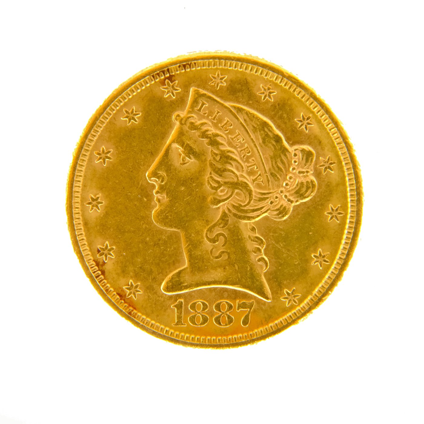 .. - Zlatá mince USA 5 Dollar S Half Eagle-Hlava Svobody s čelenkou 1887 San Francisco, zlato 900/1000, hrubá hmotnost 8,359g