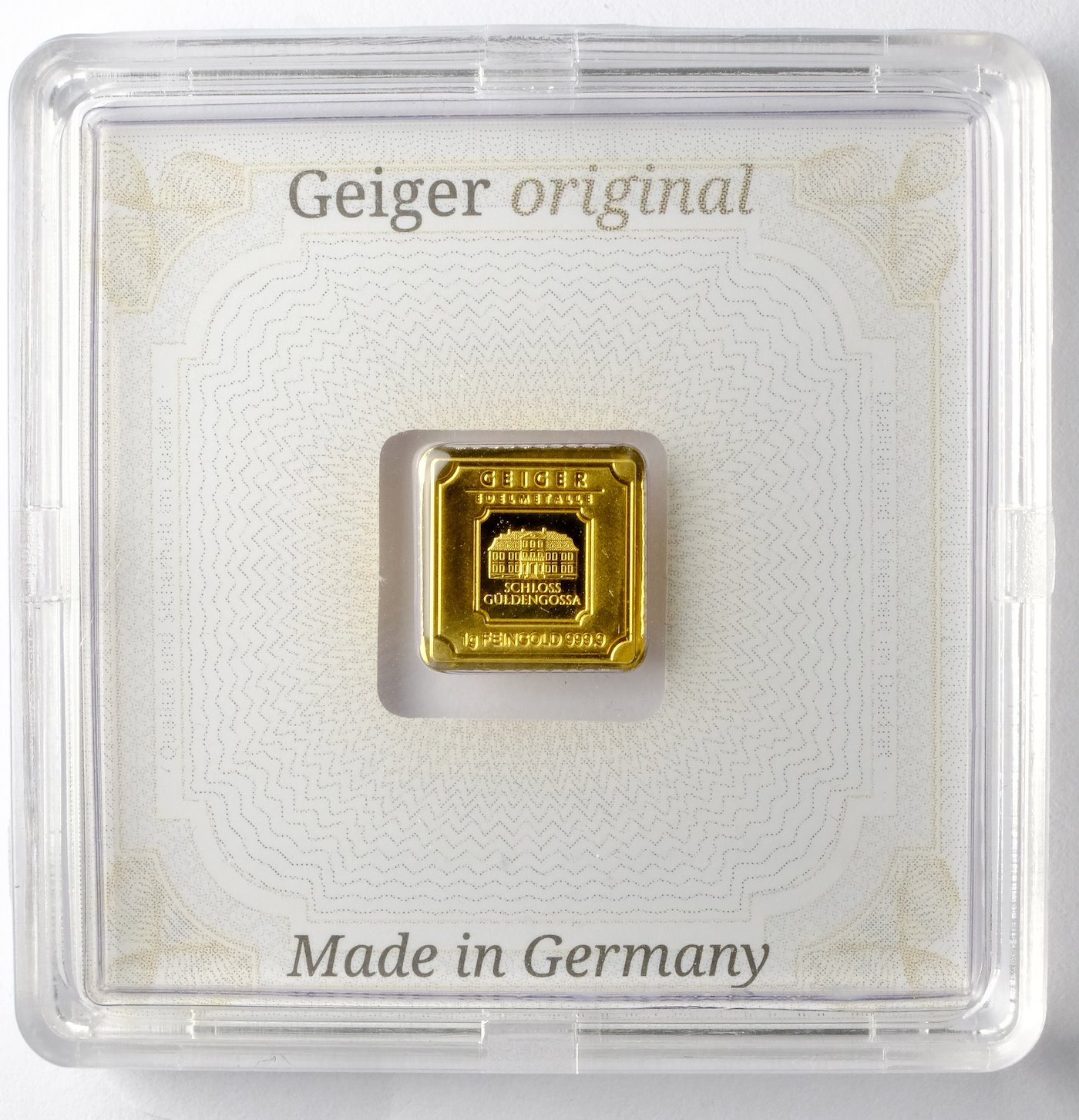 .. - Zlatý ražený ingot 1 g zámek Guldengossa od švýcarské společnosti Geiger, zlato 999,9/1000.