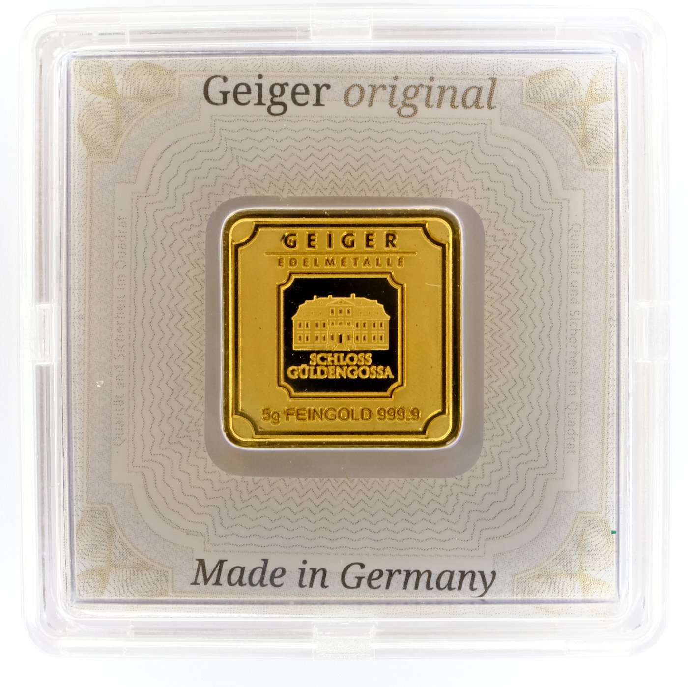 .. - Zlatý ražený ingot 5 g, zlato 999,9/1000, zámek Guldengossa od švýcarské společnosti Geiger,