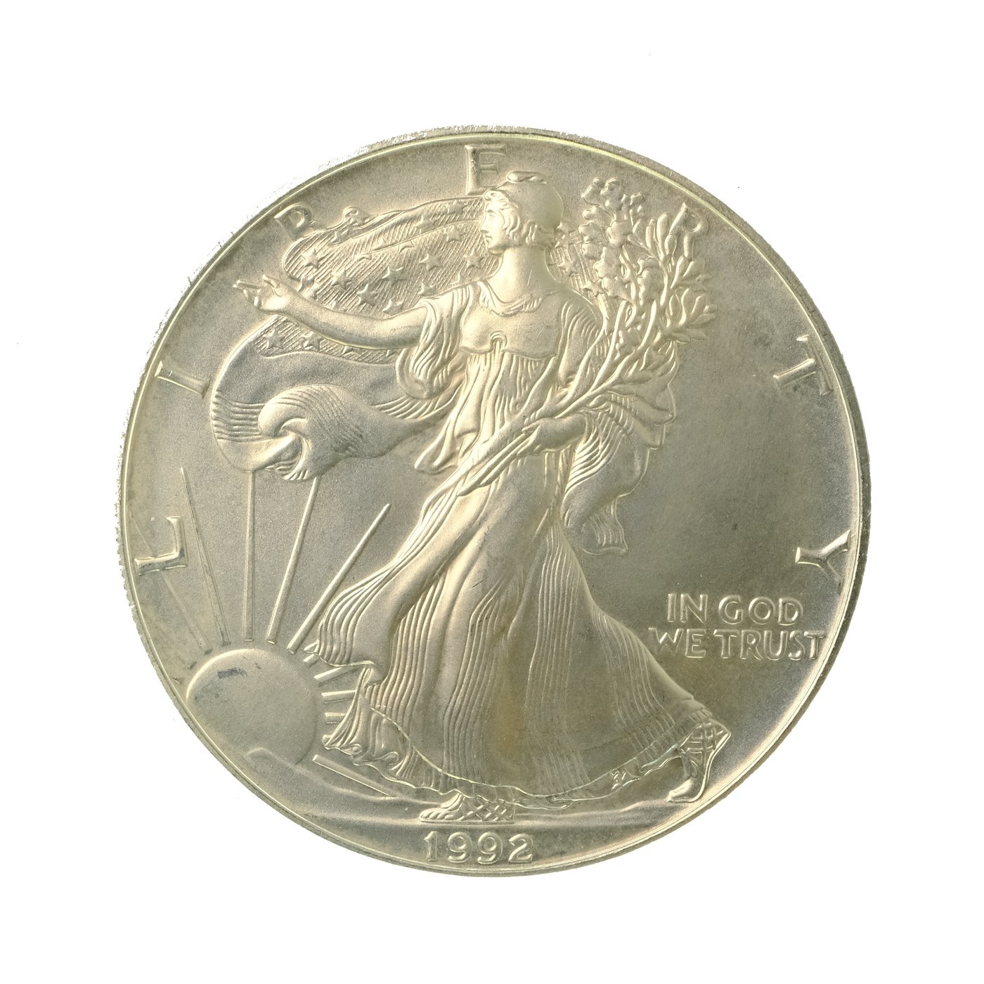 .. - Stříbrný USA LIBERTY 1USD. 1992 1 oz, stříbro 999/1000, hrubá hmotnost 31,1 g
