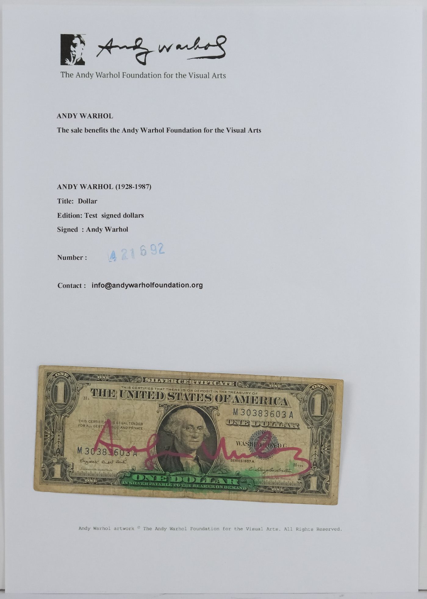 Andy Warhol -  Dollar podepsaný Andy Warholem