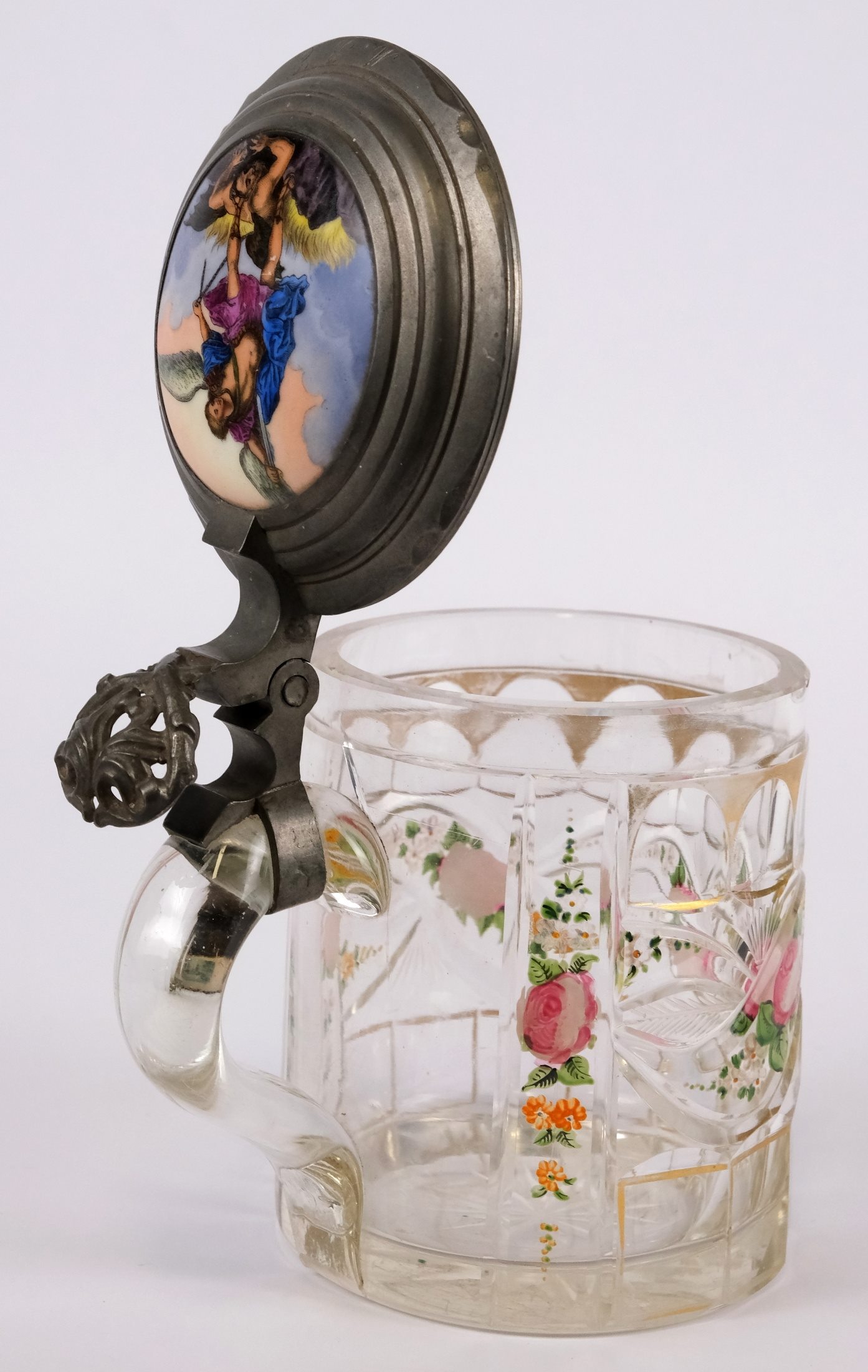 19. století - Skleněný korbel s porcelánovým víkem 