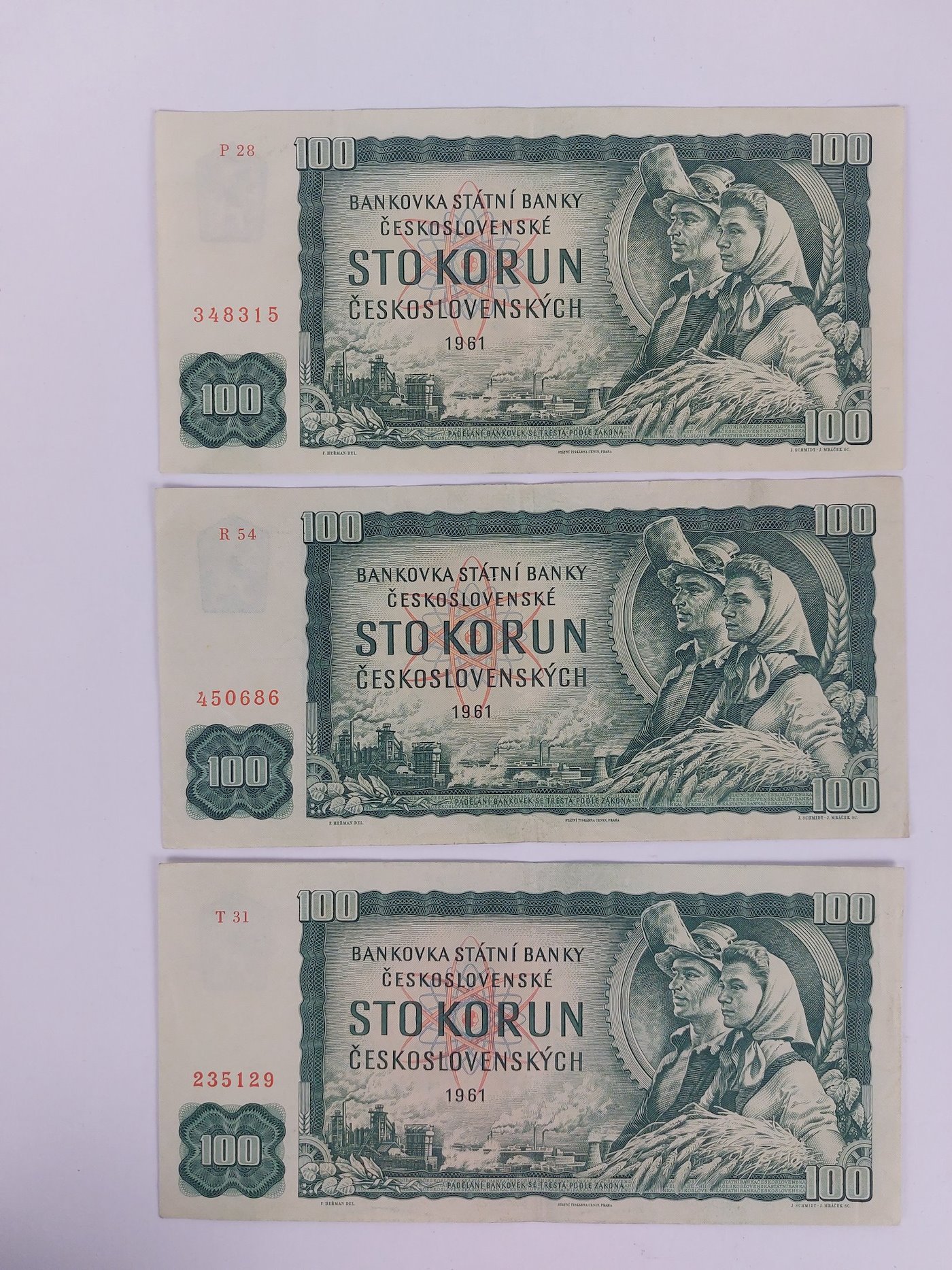 Čechy 2.pol. 20. stol. - 3x 100 Kčs série P28,R54,T31