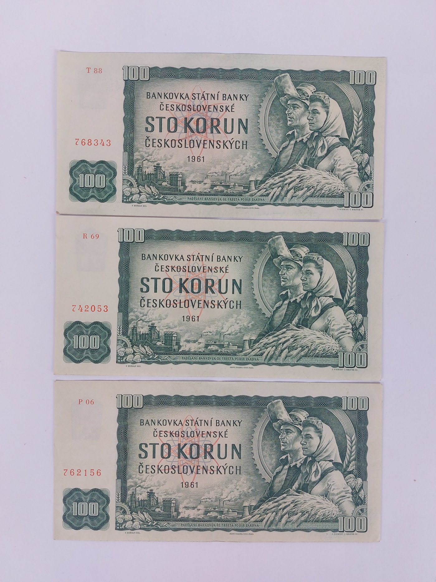 Čechy 2. pol. 20. stol. - 3x 100 Kčs 1961 série:P06,R69,T88