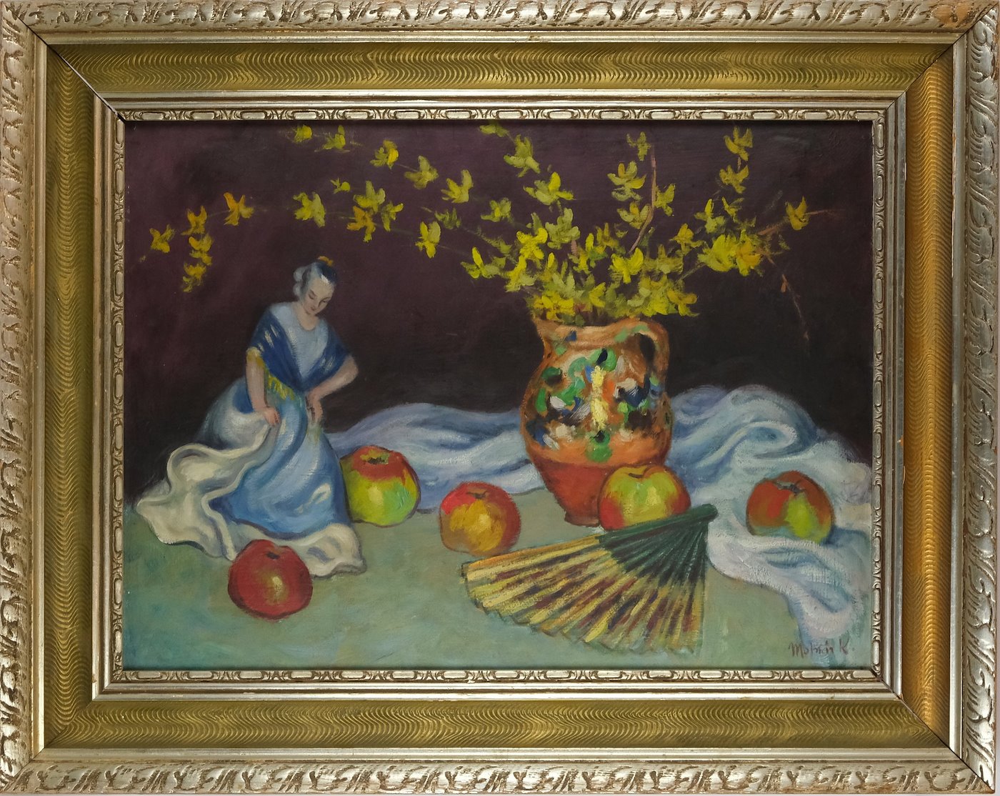 Karol Molnár - Zátiší s květinou, jablky, vějířem a soškou