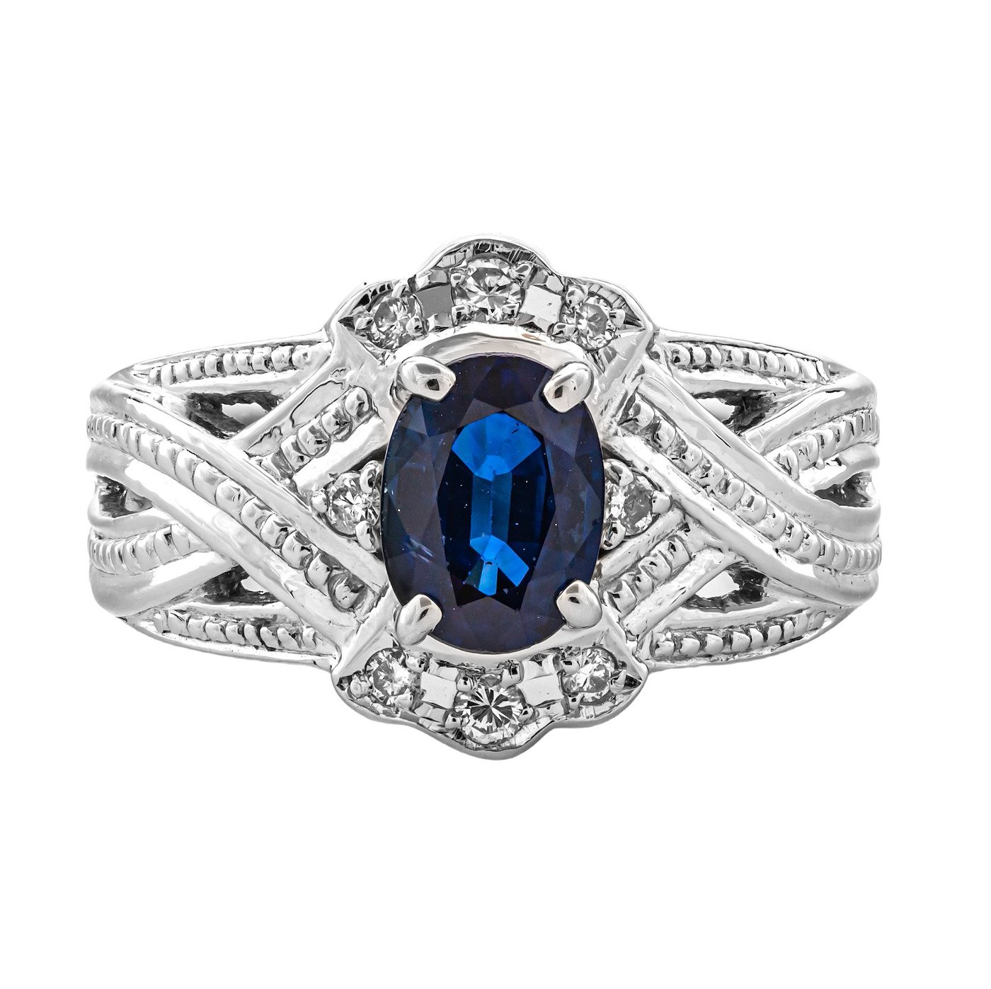 .. - Luxusní prsten s 1,20 ct safírem, 0,12 ct diamanty, platina 900/1000, značeno platnou puncovní značkou "koruna", , hrubá hmotnost 8,024 g