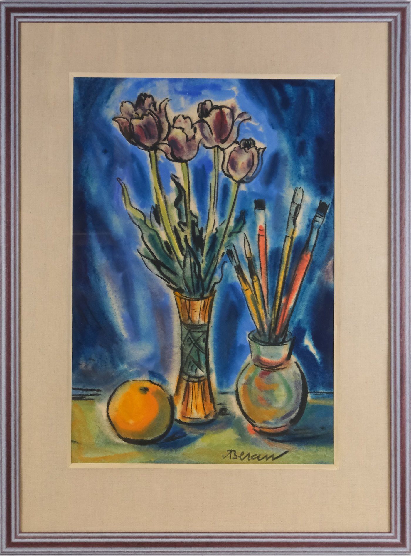 Aljo Beran - Zátiší s tulipány a malířskými štětci