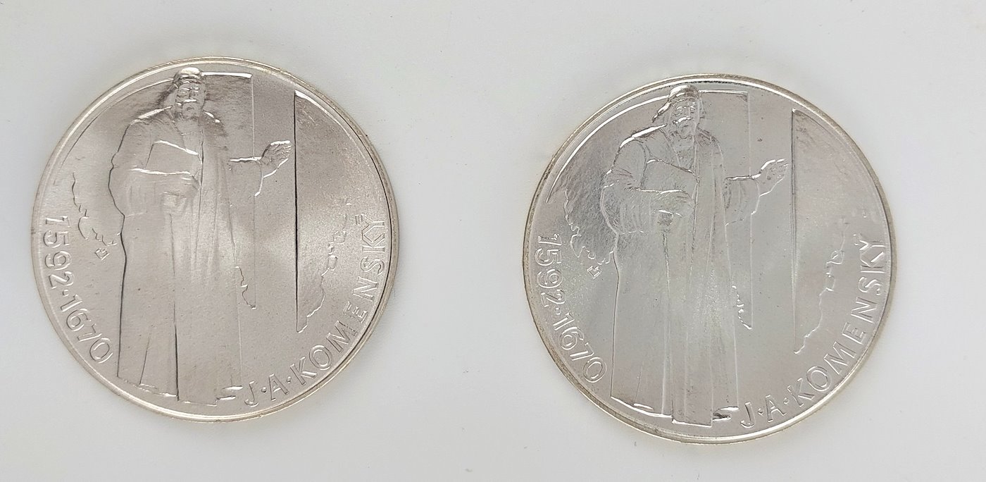 Mince - Stříbro 2x 500 Kčs Pětisté výročí narození Jana Amose Komenského 1992