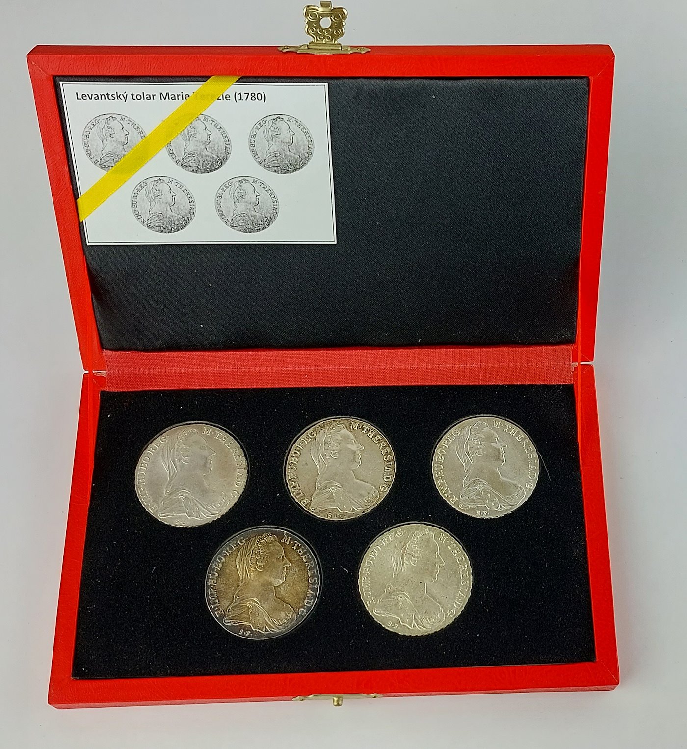 .. - Stříbrná SADA 5 kusů, Levanských Tolarů Marie Terezie 1780. Včetně mincovní kazety