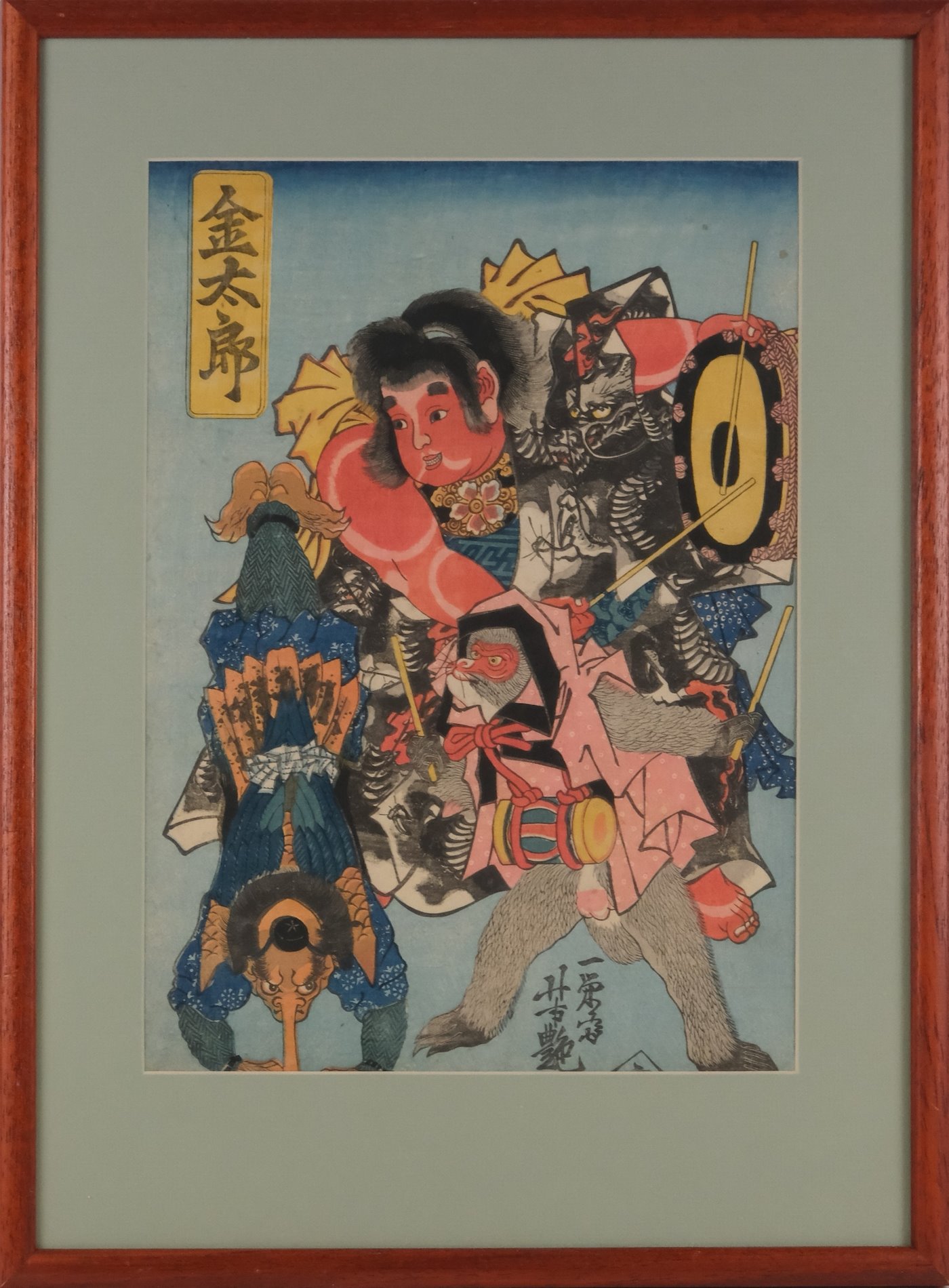 Utagawa Josicuja - Silák Kintaro s opicí bojuje s ptakopříšerou Tengú