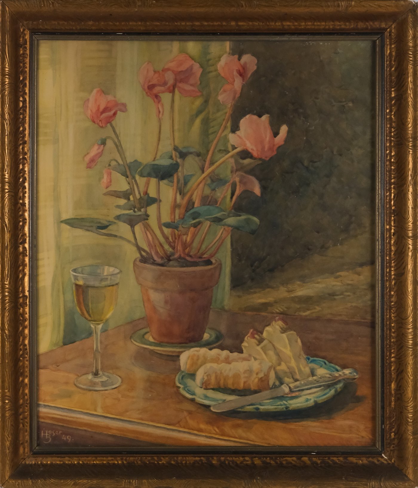 Bedřich Hoser - Zátiší s květinou, zákuskem a vínem