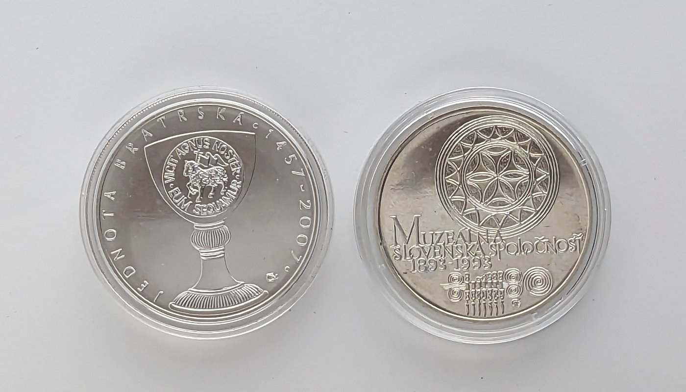 .. - Stříbrné mince ČSFR 200Kč 1993 Slovenská muzeálná spoločnosť a ČR 2007 Jednota bratrská