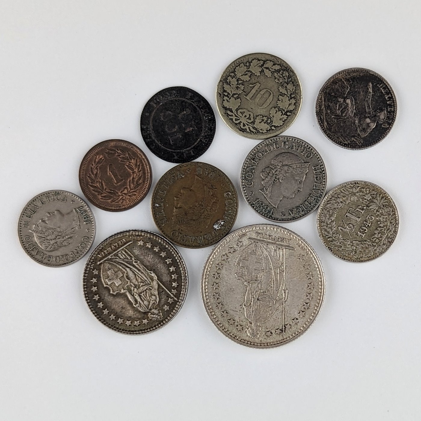 .. - Švýcarsko stříbrné 2,1,1/2 franky a 6 mincí obený kov ukázka mincí od 19.století
