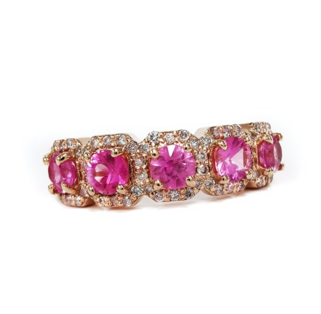 .. - Prsten se růžovými safíry 1 ct a diamanty 0,32 ct, zlato 585/1000, značeno platnou puncovní značkou "labuť", hrubá hmotnost 3,75 g