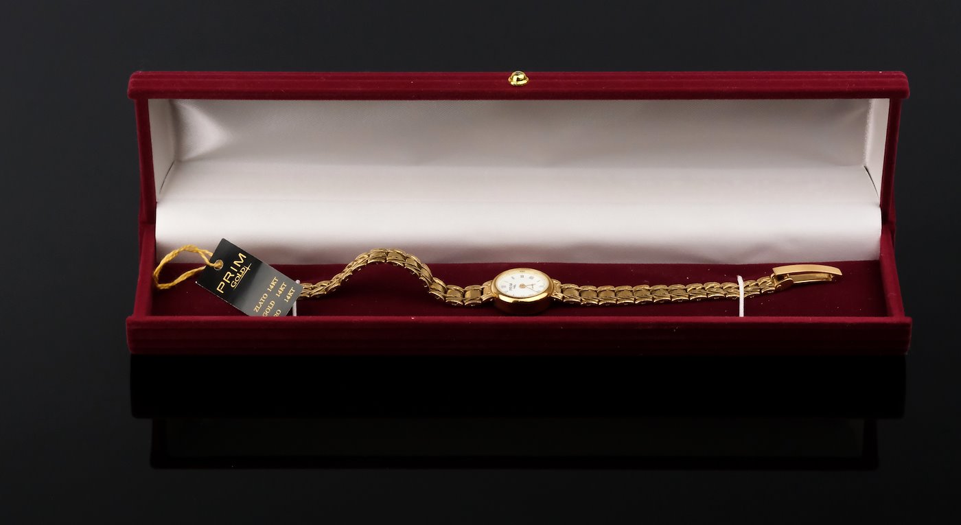 Prim - Dámské hodinky, zlato 585/1000, značeno platnou puncovní značkou "labuť", hrubá hmotnost 22,96 g