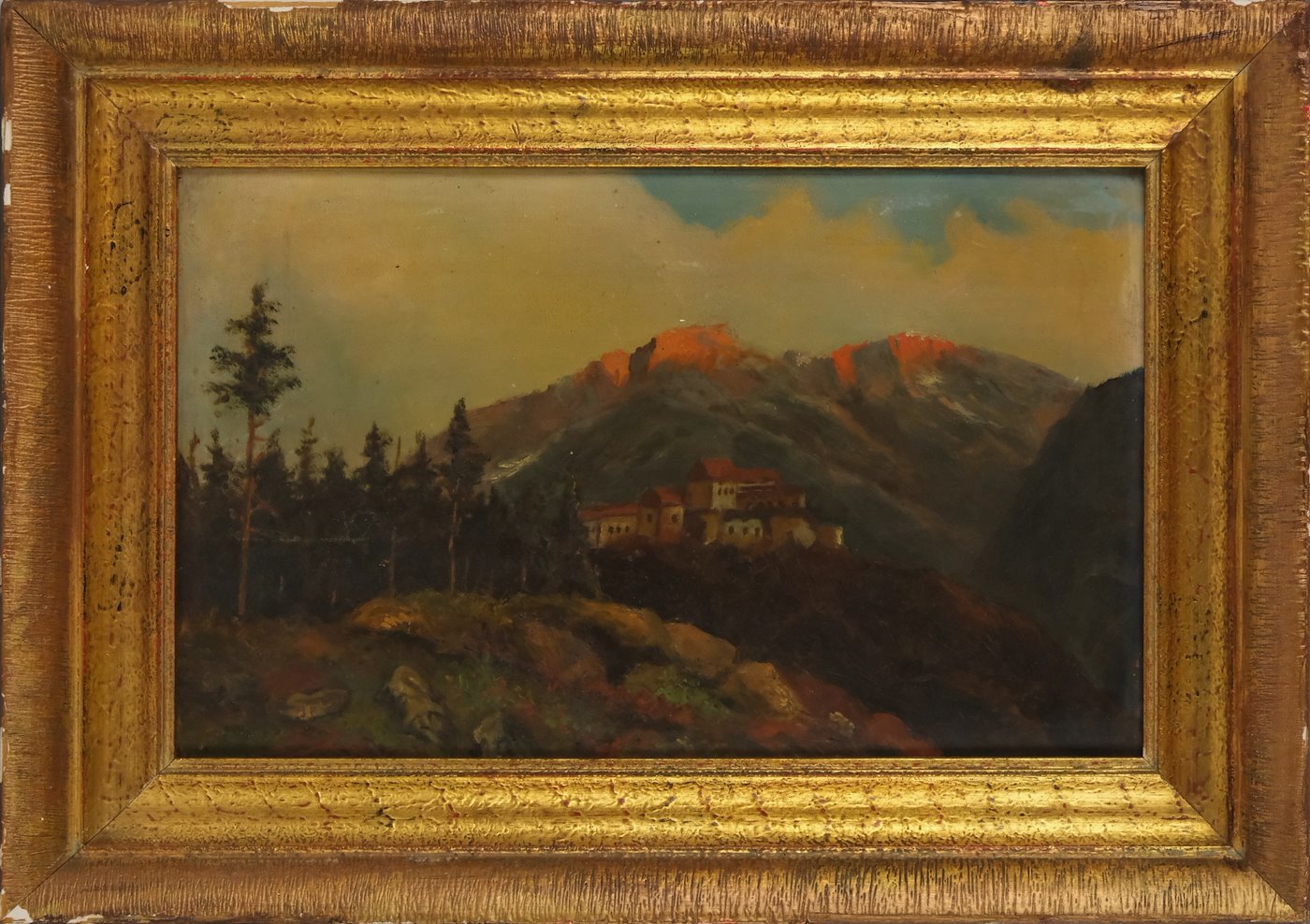 středoevropský malíř po roce 1900 - Západ slunce nad romantickou krajinou