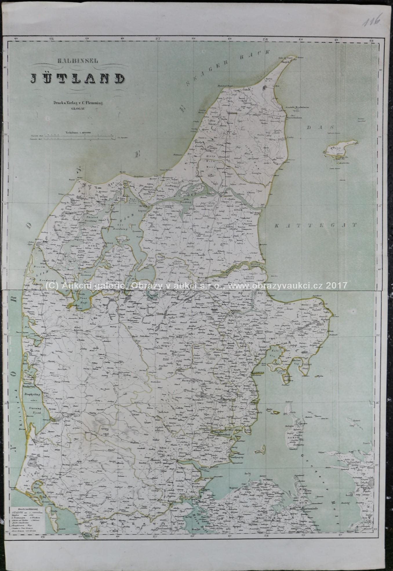 . - Mapa poloostrova Jutsko - Dánsko, 19. stol.