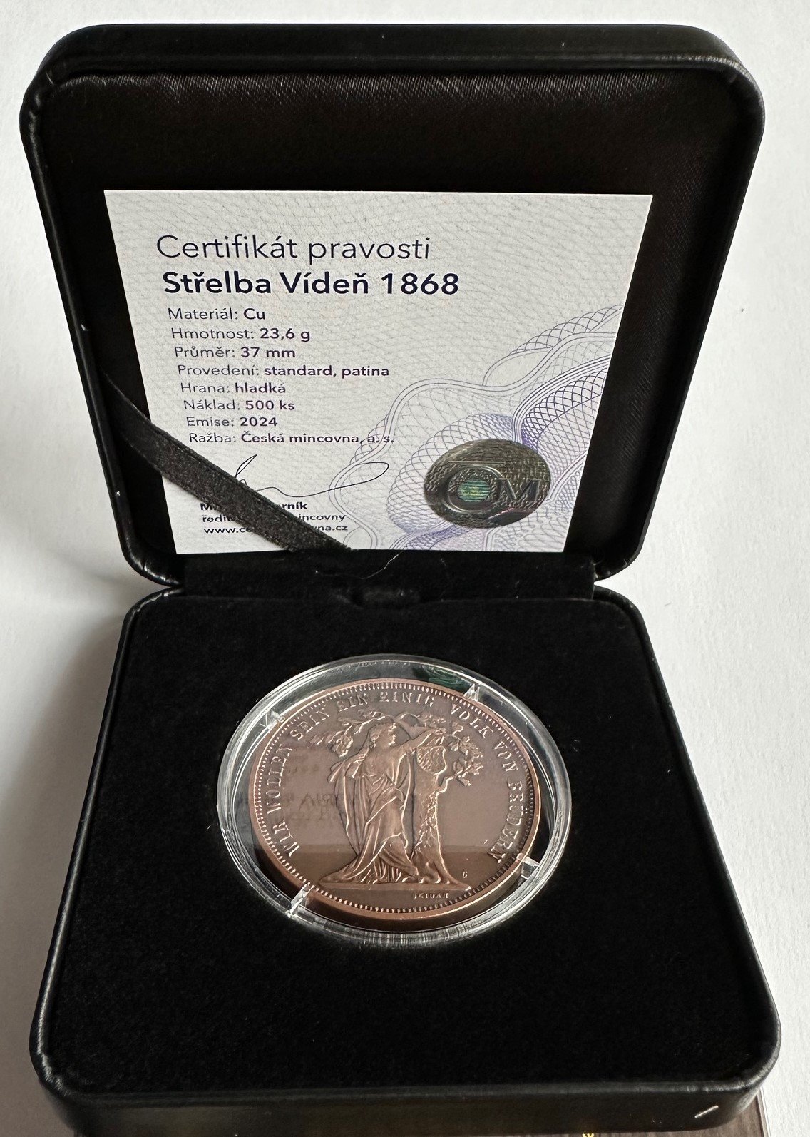 .. - Střelecká medaile Střelby Vídeň 1868/2024 měděná, certifikát, etue