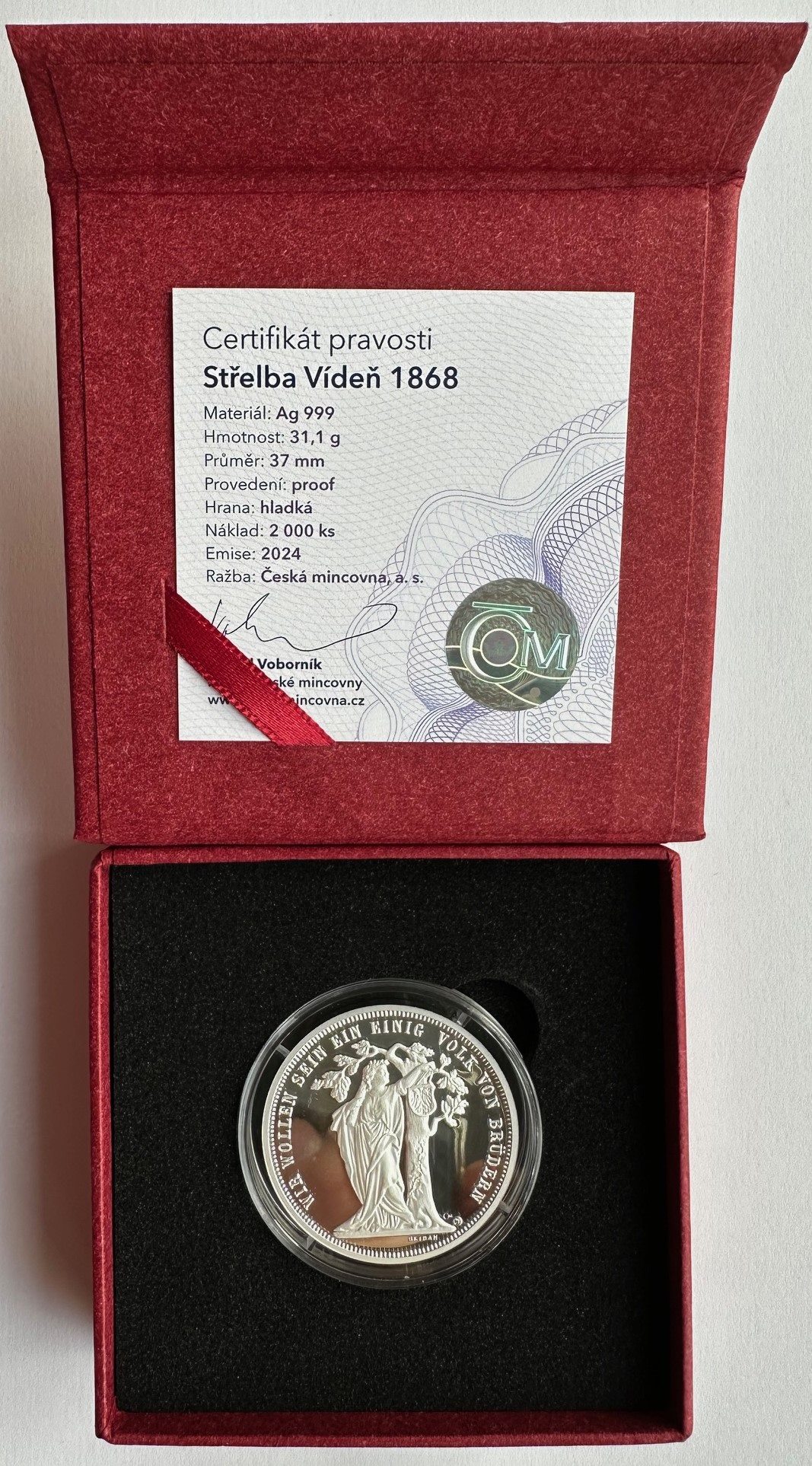 .. - Stříbrná Střelecká medaile Střelby Vídeň 1868/2024 certifikát, etue