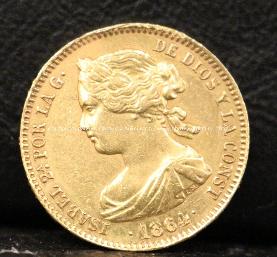 Zlatá mince - 100 Reales - Isabela II., 1864, Španělsko, ryzost: 900/1000, hmotnost: 8,35 g