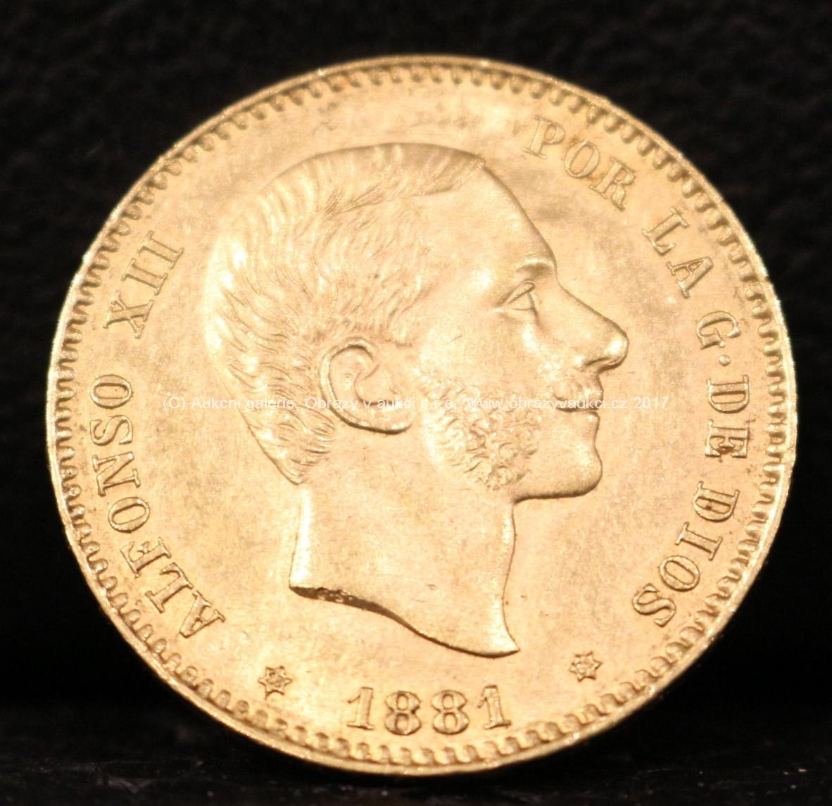 Zlatá mince - 25 pesetas - Alfonso XII., 1881, Španělsko, ryzost: 900/1000, hmotnost: 8,05 g