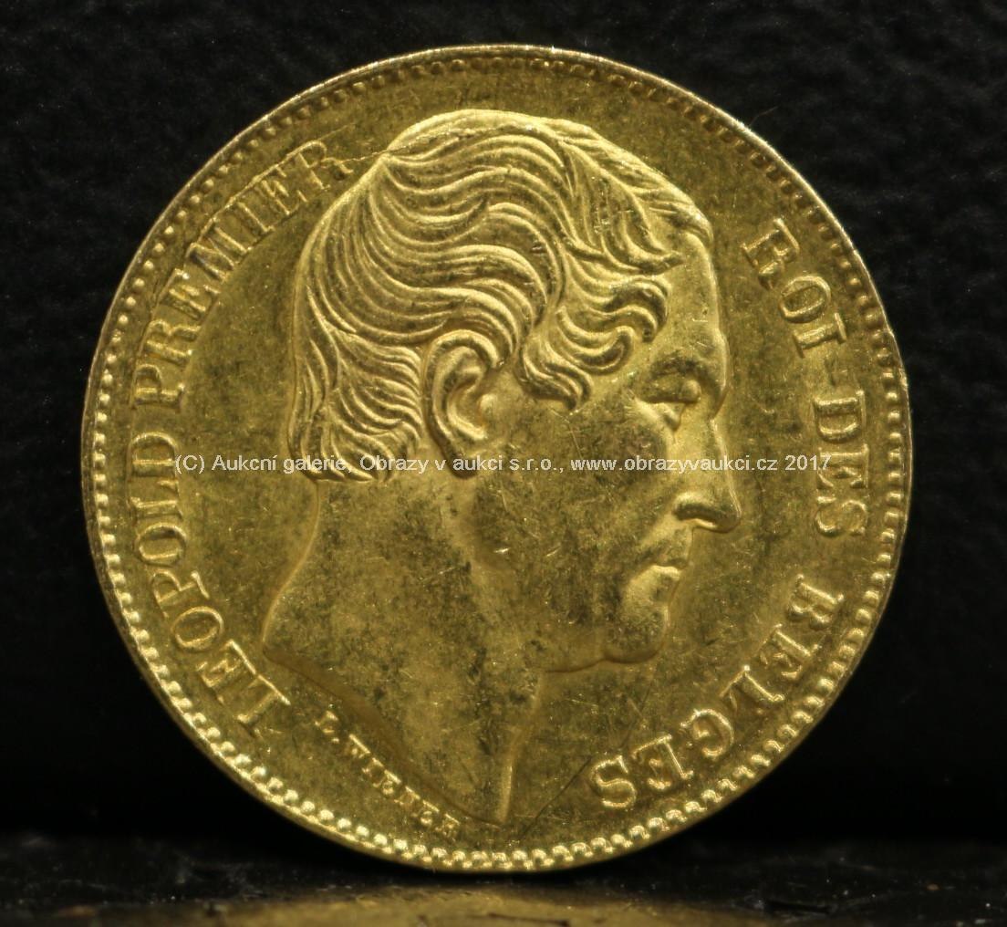 Zlatá mince - 20 Francs, Léopold I., 1865, Belgie, ryzost: 900/1000, hmotnost 6,44 g