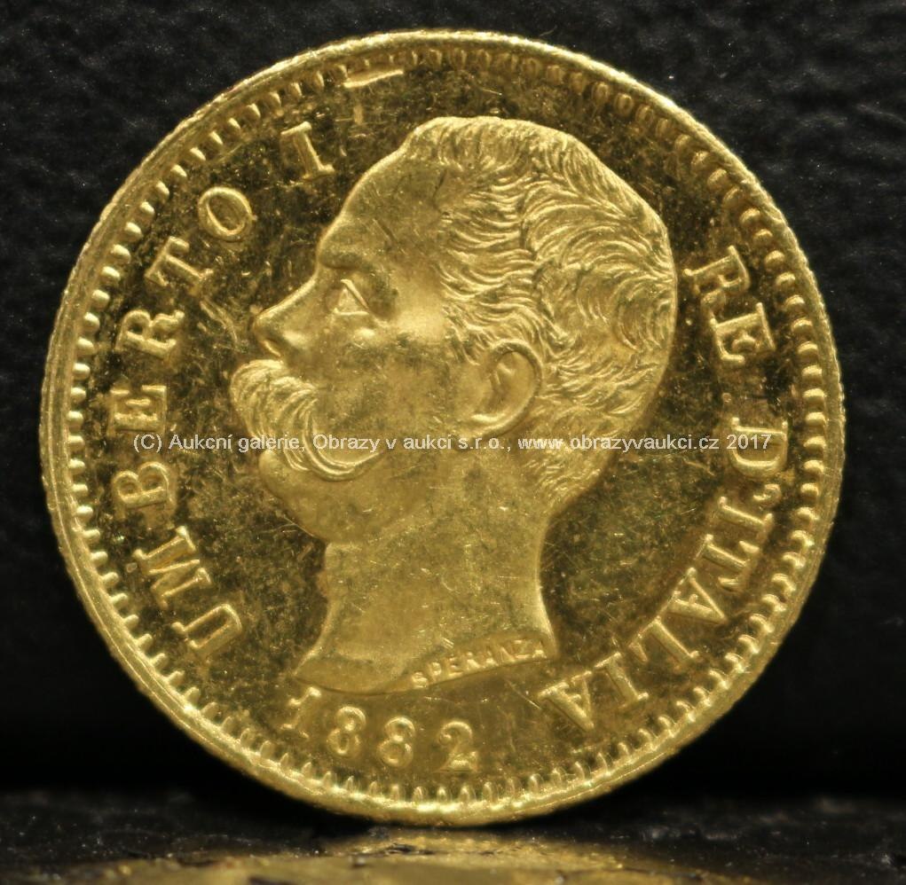 Zlatá mince - 20 Lire, Umberto I., 1882, Itálie, ryzost 900/1000, celková hmotnost 6,44 g