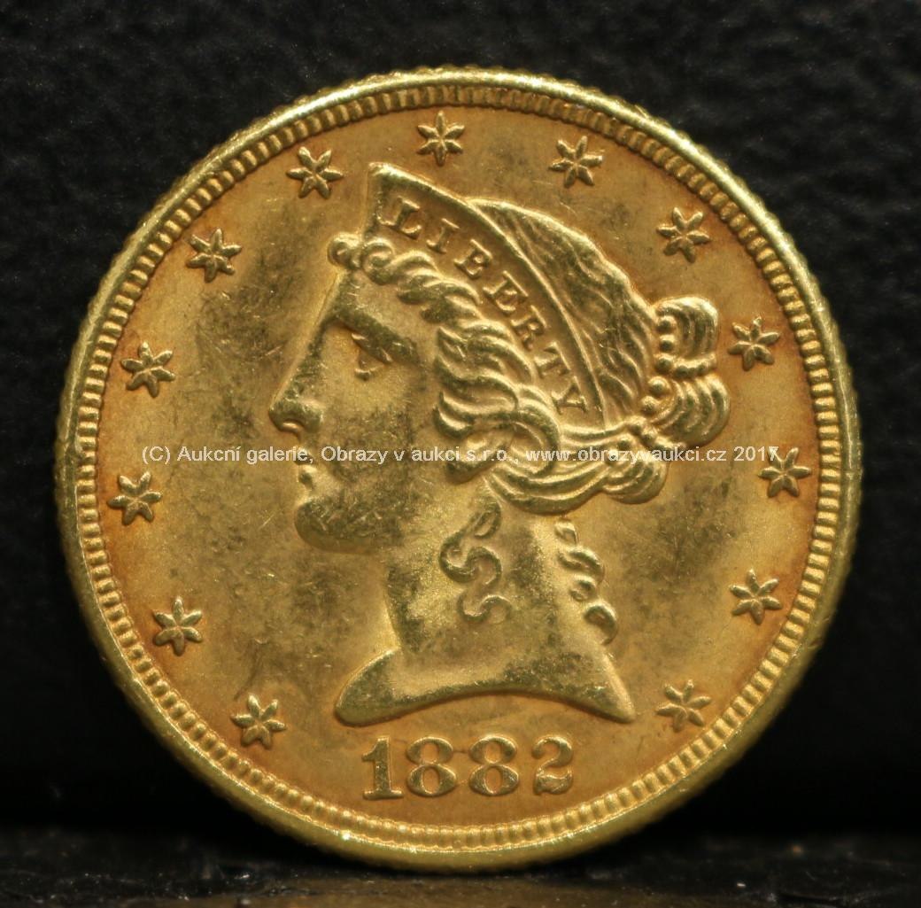 Zlatá mince - 5 Dollars, 1882, U.S., ryzost 900/1000, hmotnost: 8,35 g