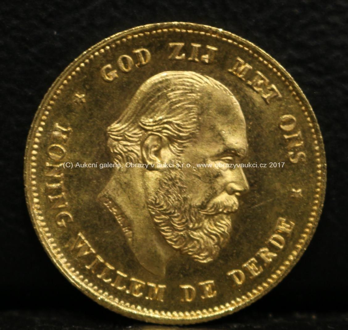 Zlatá mince - 10 Gulden, Koning Wille de Derde, 1875, Nizozemí, ryzost 900/1000, hmotnost 6,72 g