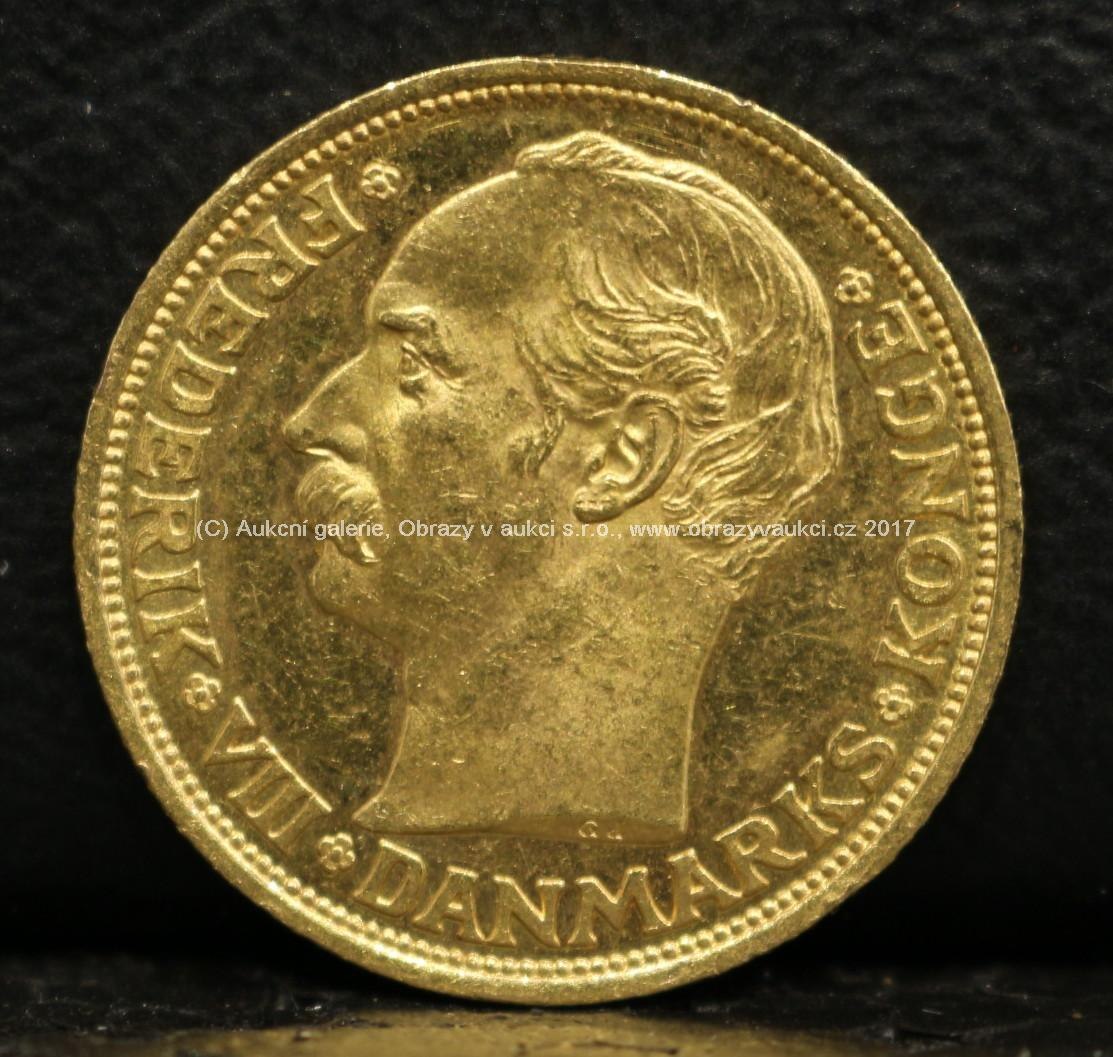 Zlatá mince - 20 Kroner, Frederik VIII., 1910, Dánsko, ryzost 900/1000, hmotnost 8,95 g