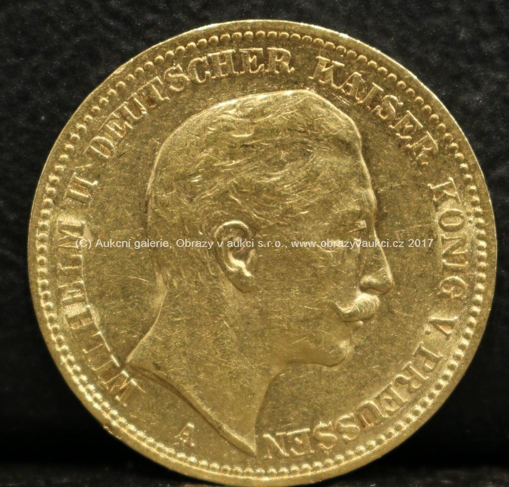 Zlatá mince - 20 Mark, Wilhelm II., 1896, Pruské Království, ryzost 900/1000, hmotnost: 7,94 g