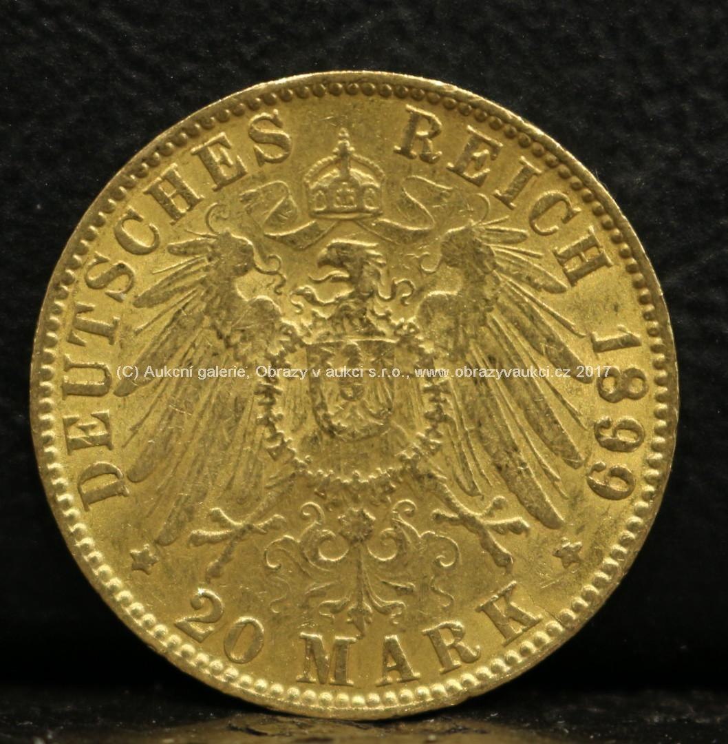 Zlatá mince - 20 Mark, Freie und Hansestadt, Hamburg, 1899, Svobodné Hanzovní město Hamburk, ryzost 900/1000, hmotnost: 7,94 g