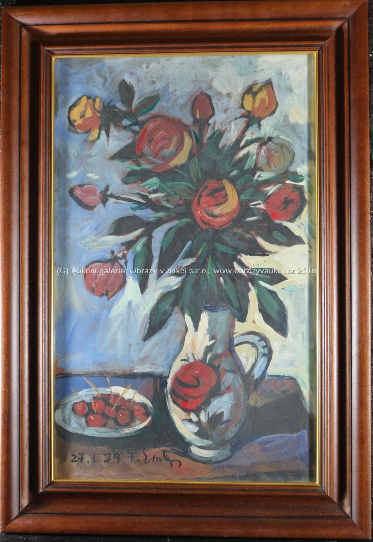 František Emler - Zátiší s růžemi a třešněmi