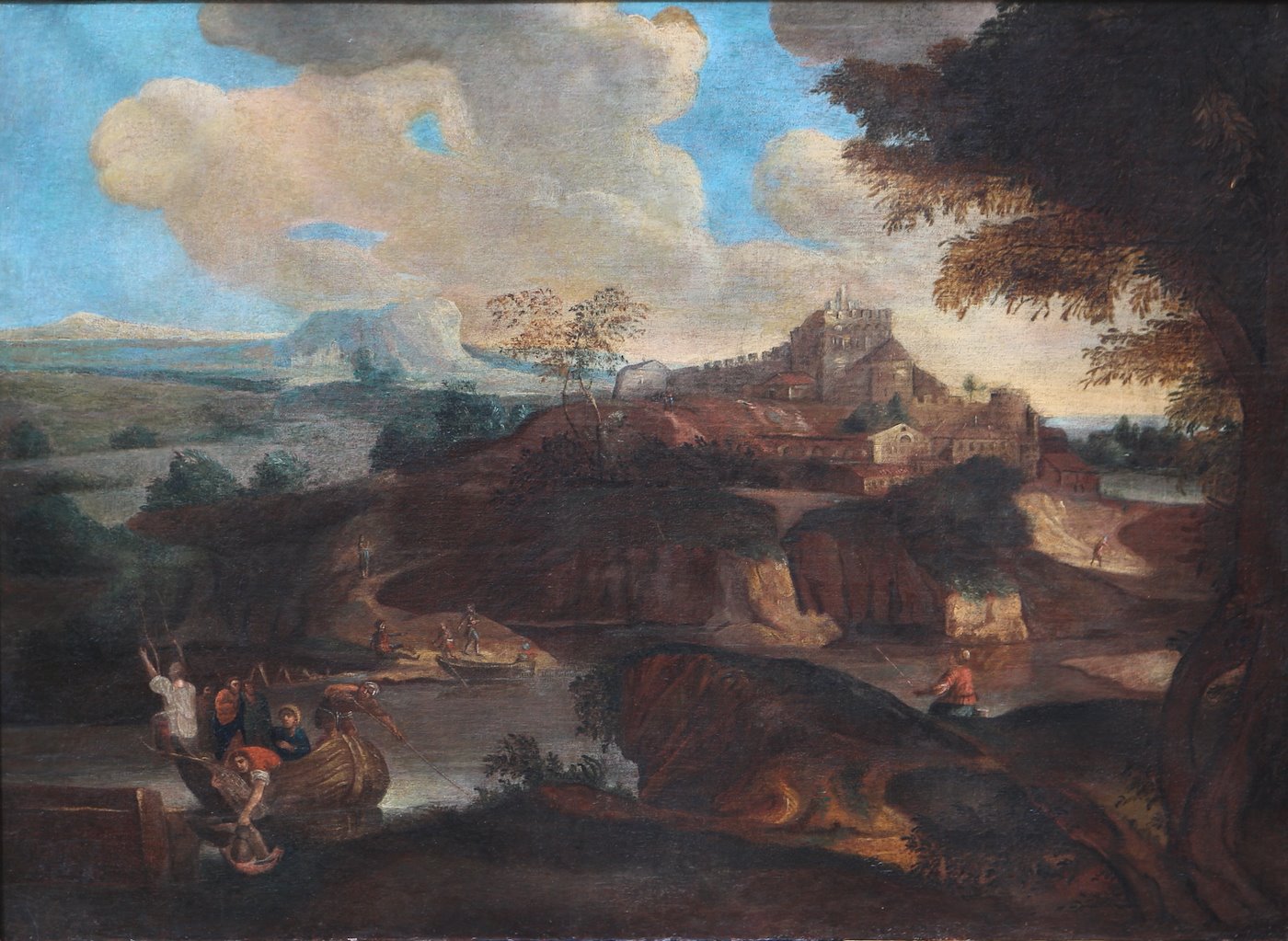 evropský malíř 17. stol. - Krajina s hradem a bárkami