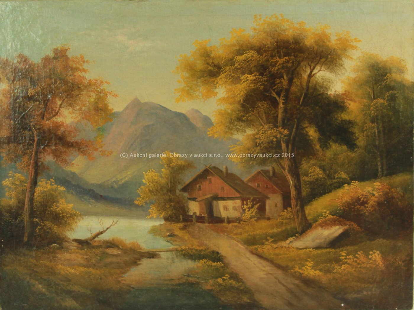 středoevropský malíř konce 19. stol. - Chalupa u jezera pod horskými štíty