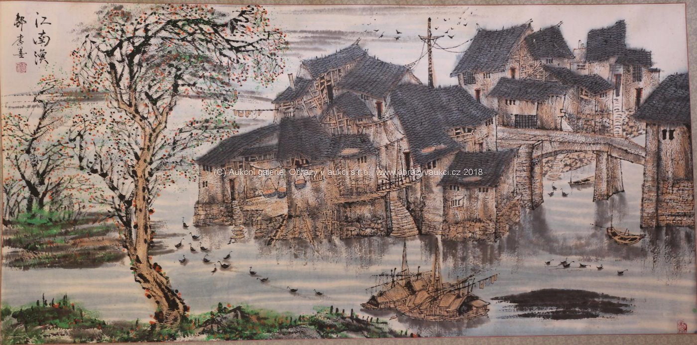 japonský malíř - Vesnice na jezeře