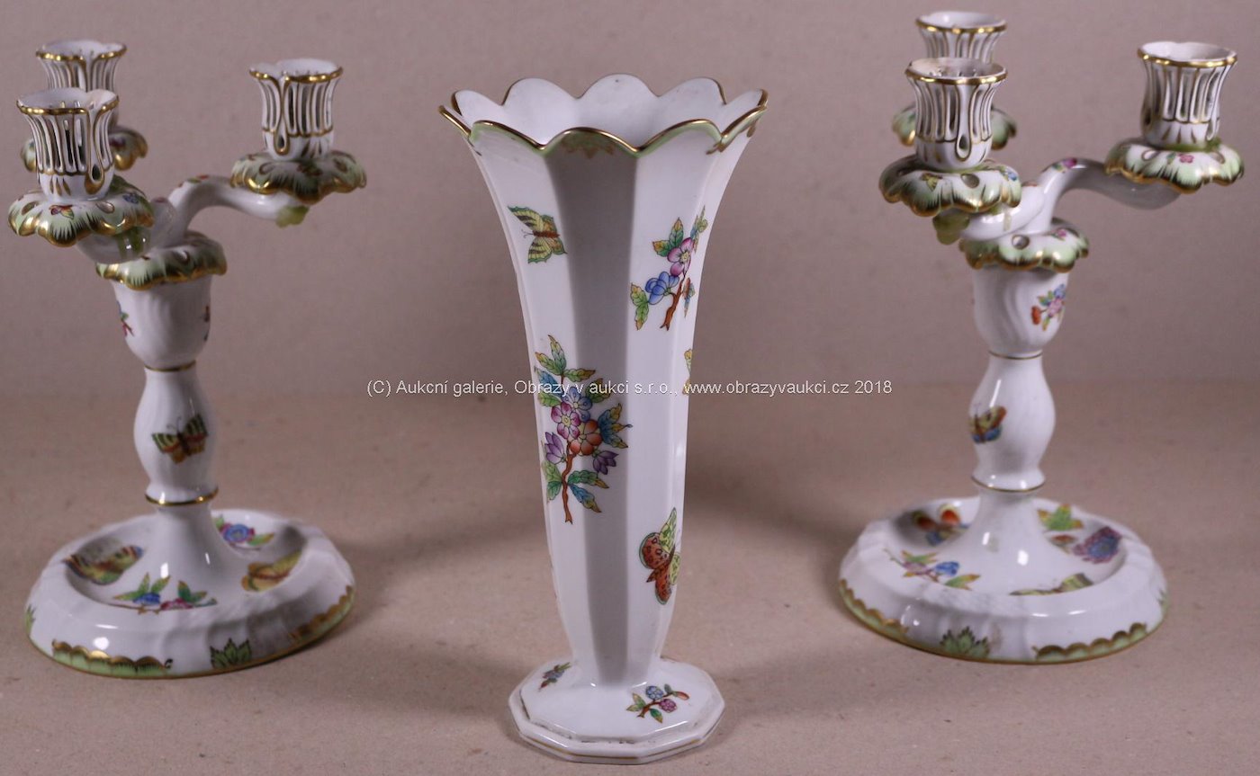 Značeno Herend - 2 tříramenné svícny a váza