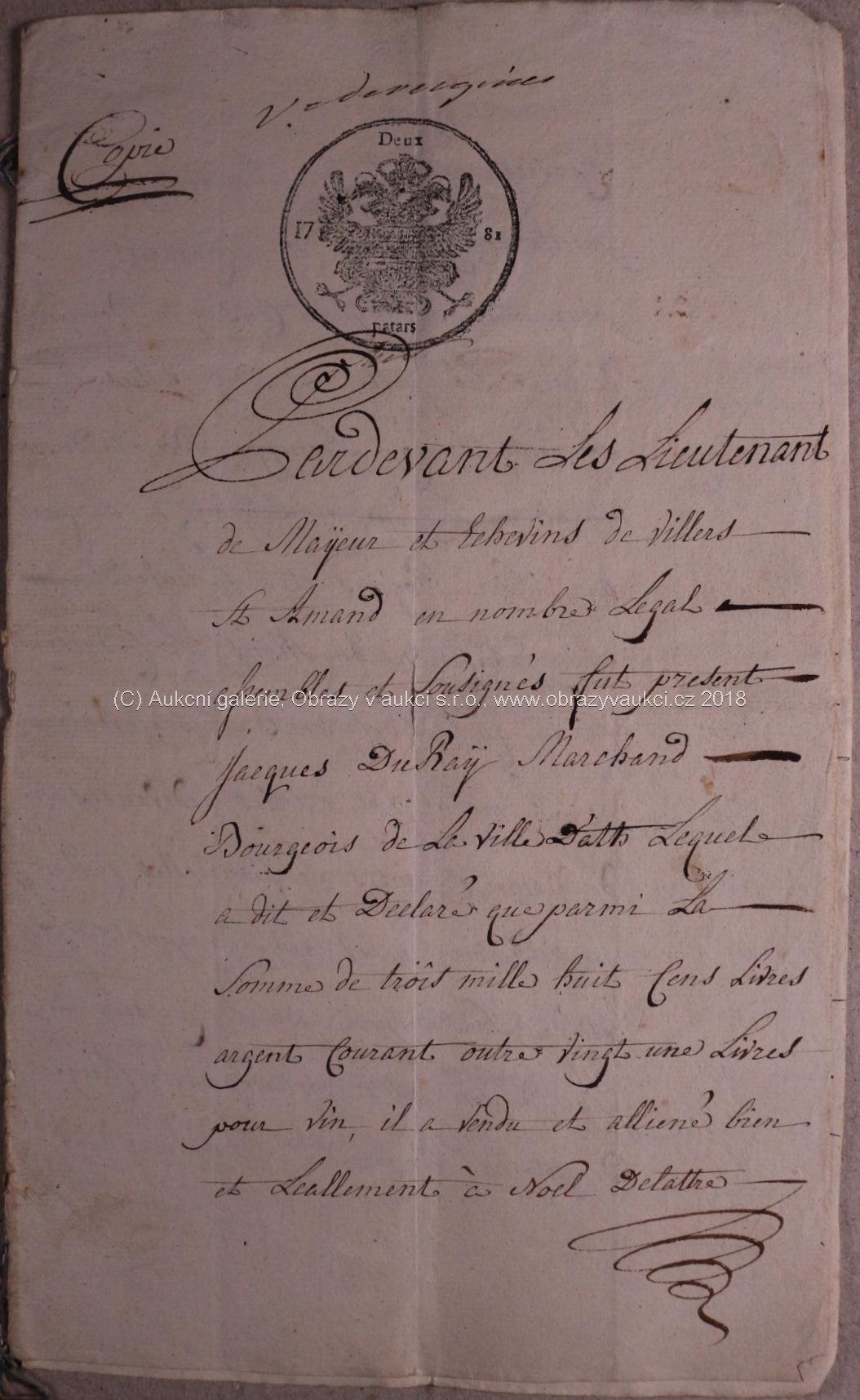 . - Francouzská listina z r. 1781