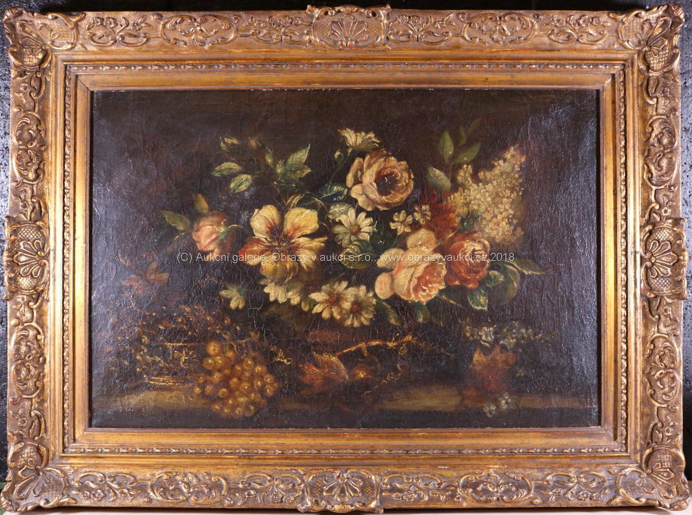 středoevropský malíř kolem poloviny 19. stol. - Zátiší s květinami a hrozny
