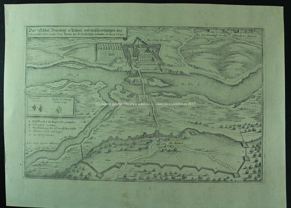 Kaspar Merian - Mapa: Zámek Brandýs n. Labem obléhám Švédy v r. 1640