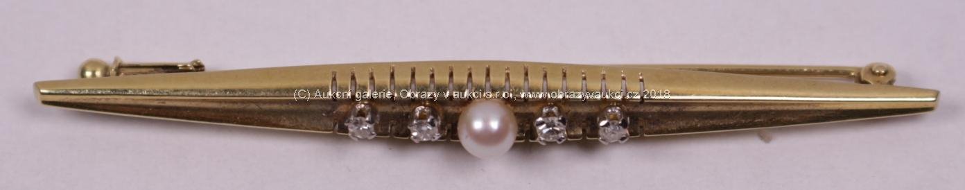 . - Brož s perlou a diamantem, zlato 585/1000, hrubá hmotnost 4,25 g