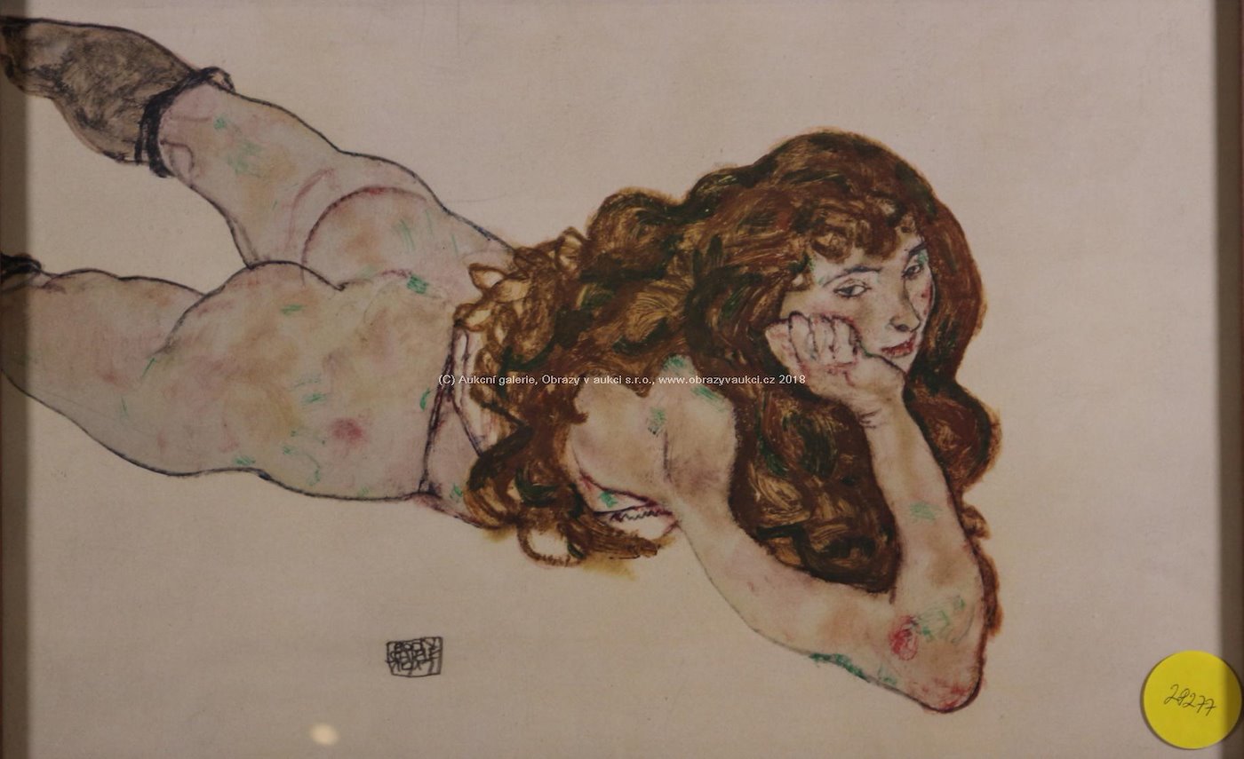 Egon Schiele - Ležící akt s dlouhými vlasy