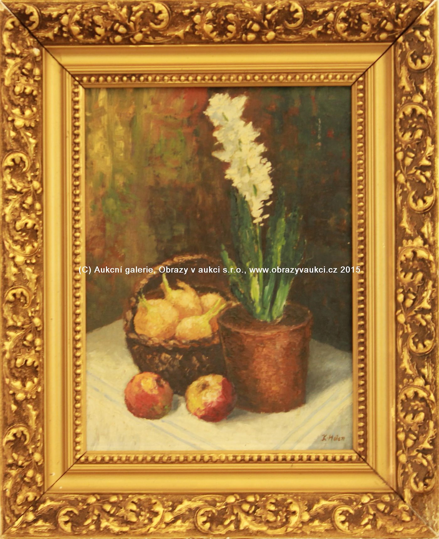 Karel Holan - Zátiší s cibulí, jablky a bílým hyacintem
