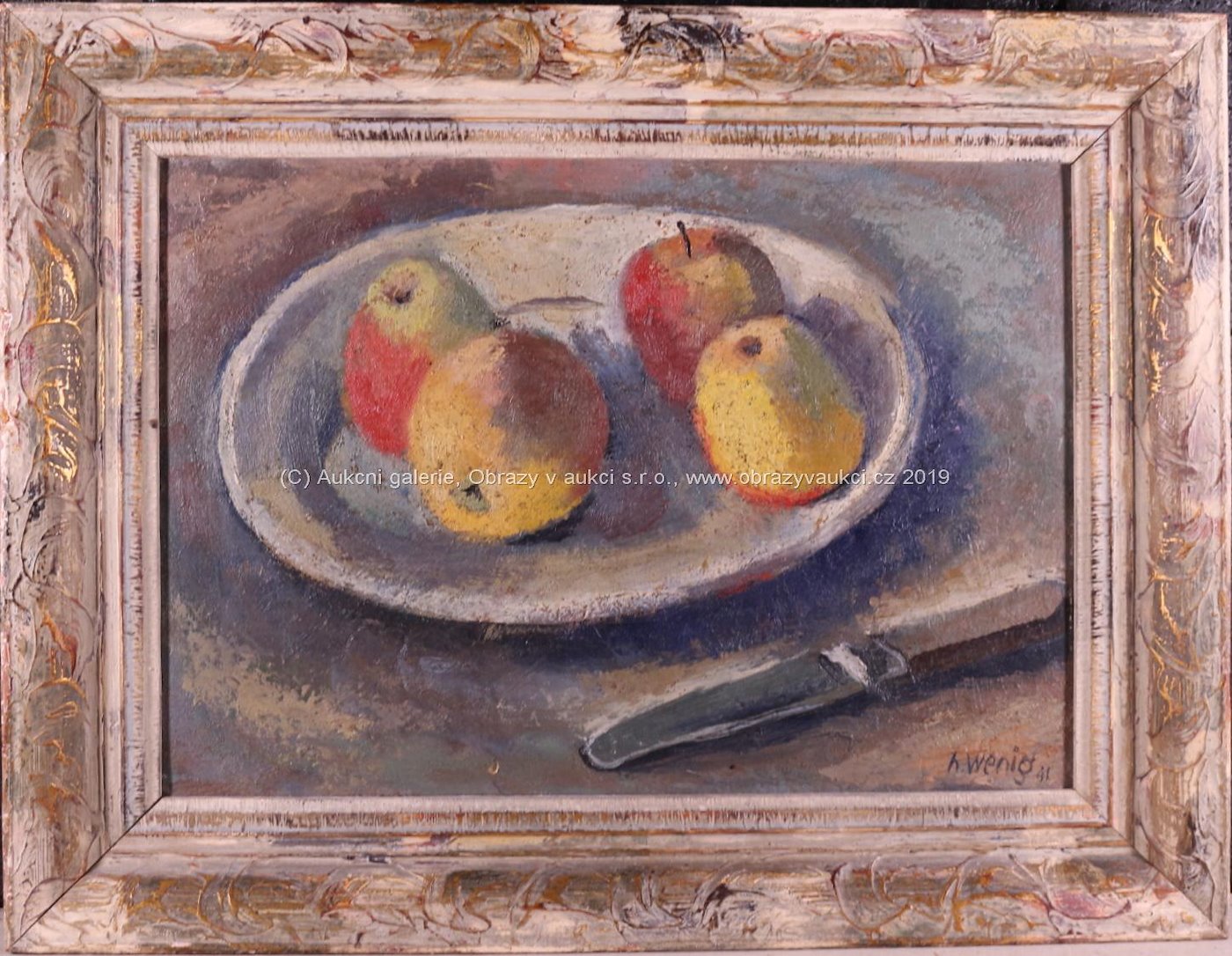 Adolf Wenig - Zátiší s nožem a jablky