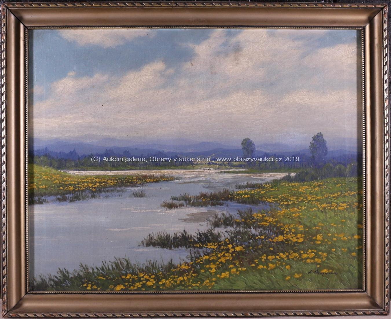 Antonín Augusta - Párové obrazy: Kvetoucí louka u řeky a Pohled do udoli